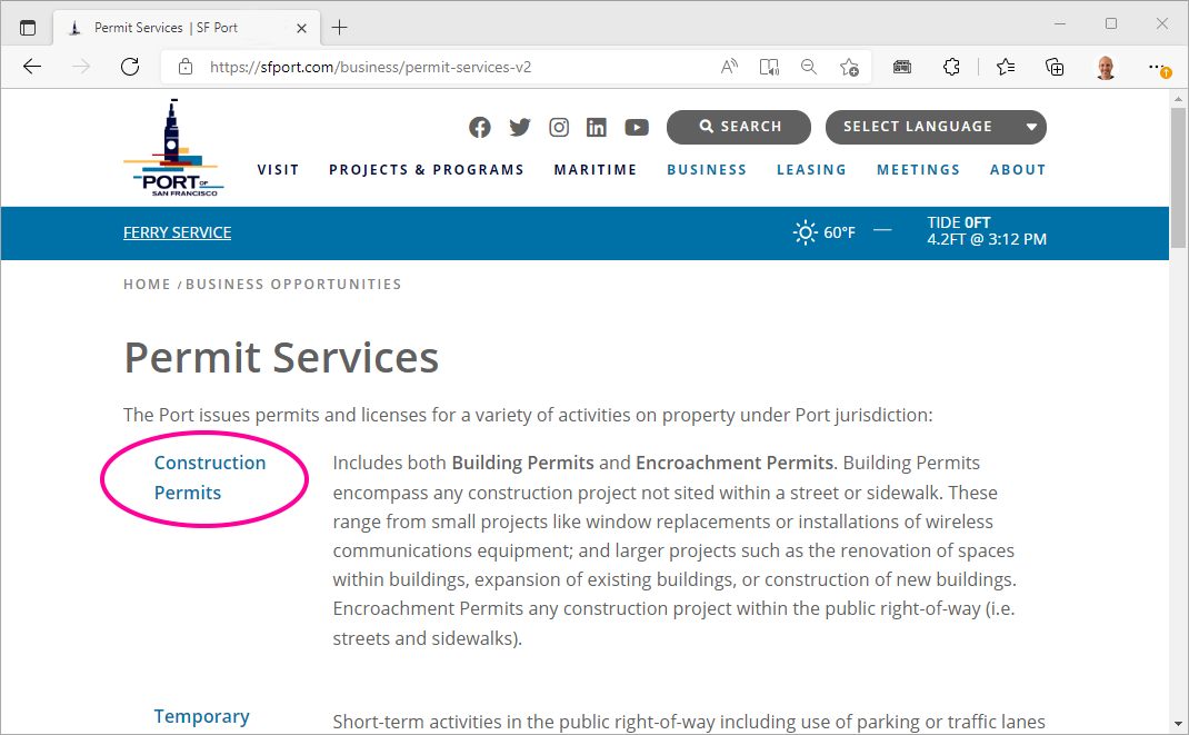 Port of SF Permit Services Homepage