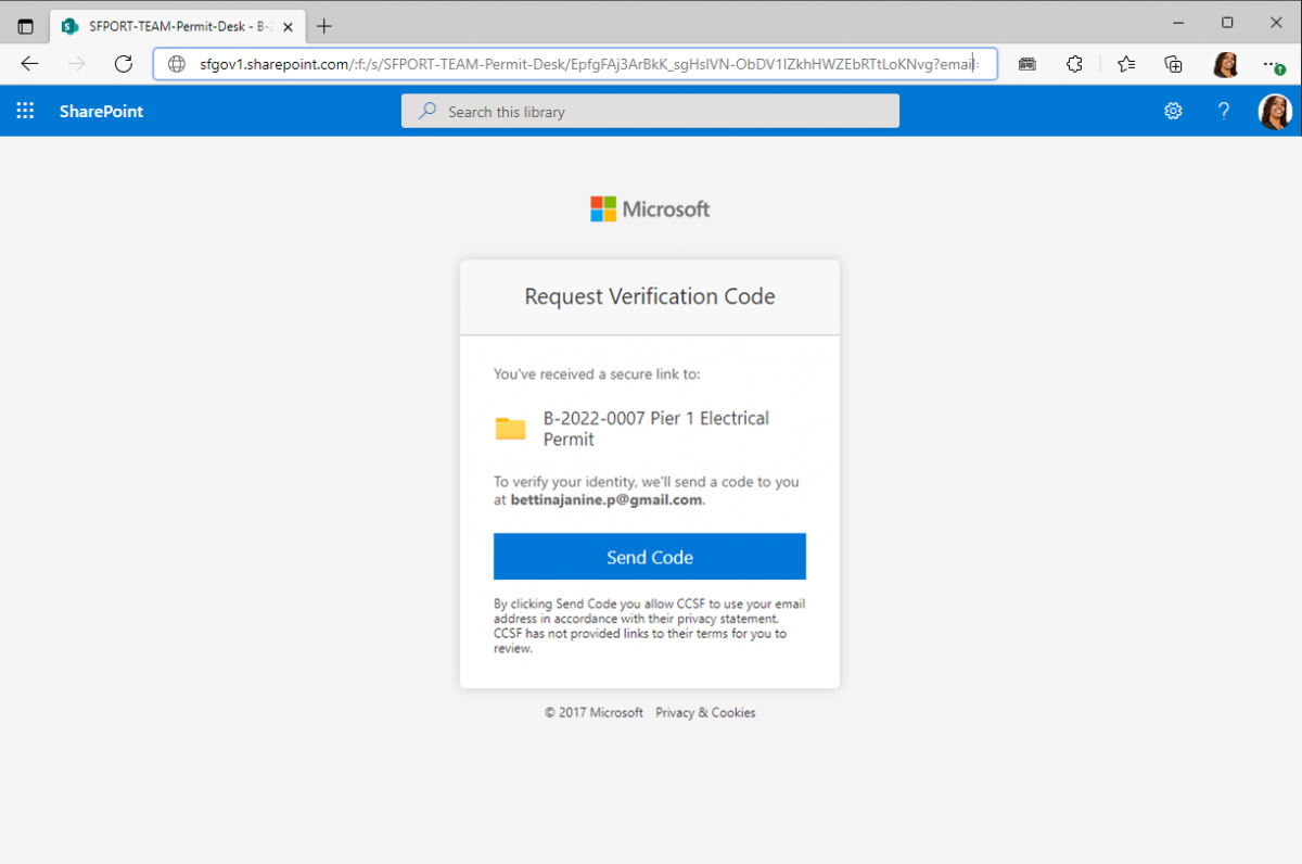 MS SharePoint Prompt: Request Verification Code