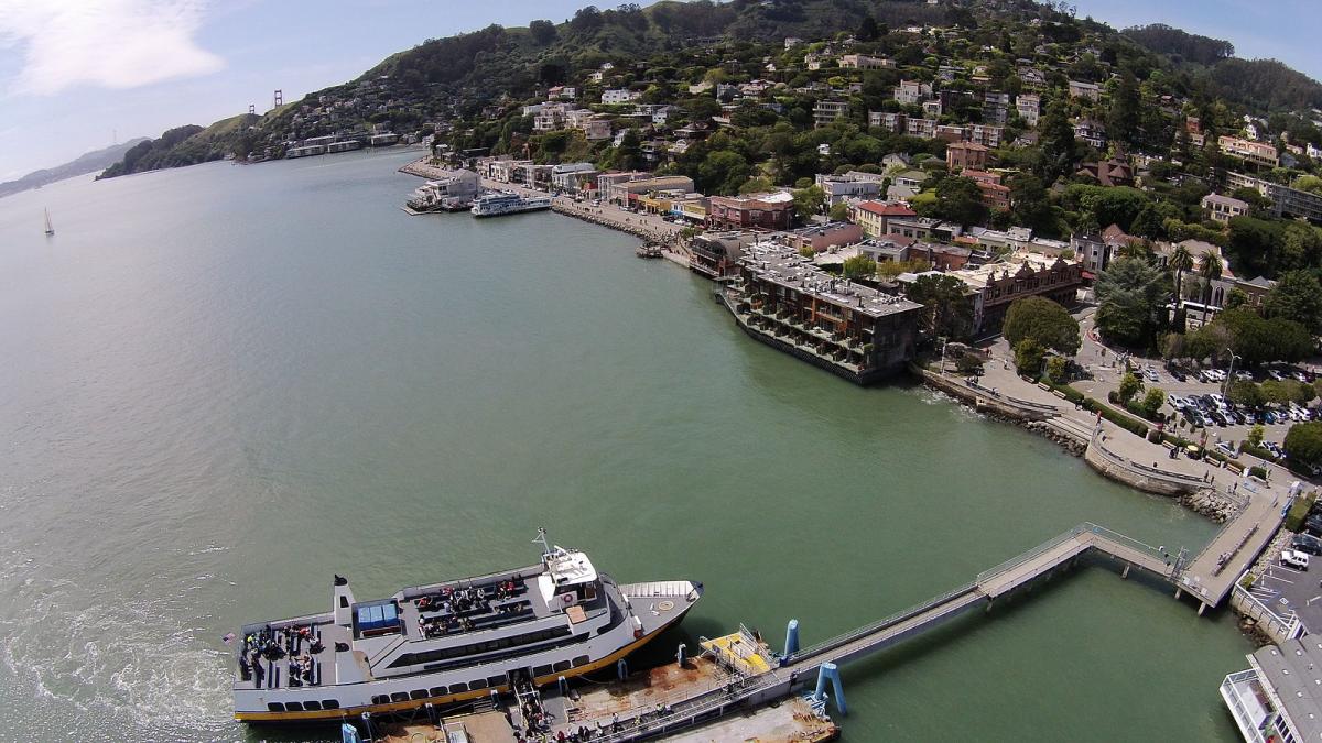 Aerial of Sausalito and the ferry terminal, photo credit to Kyle Hawton