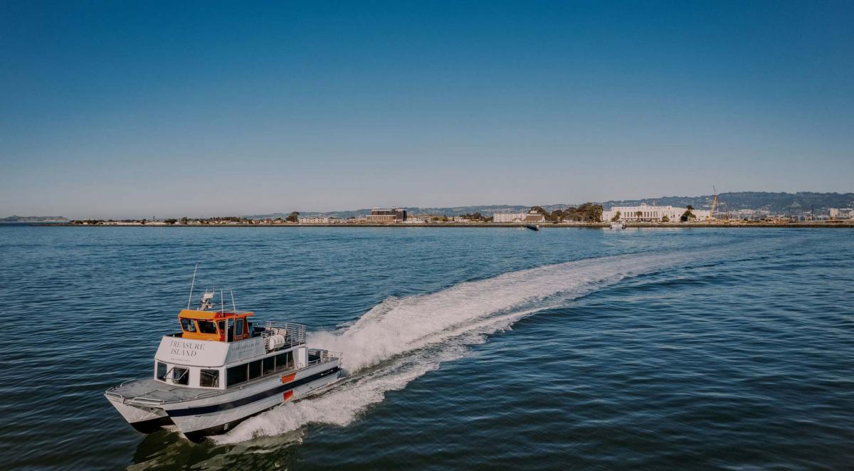 Treasure Island ferry creates a wake in the bay as it heads towards San Francisco, credit: Treasure Island Community Development