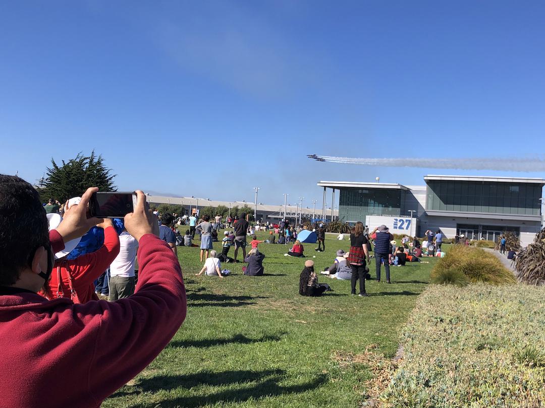 People watching the Fleet Week Air Show from Cruise Terminal Park at Pier 27.