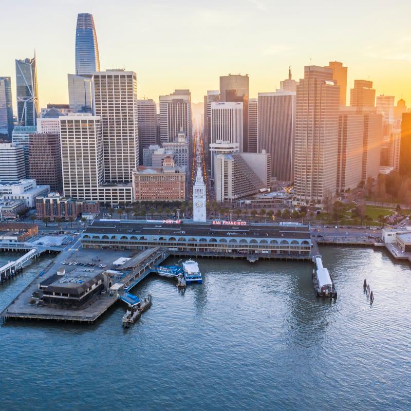 Aerial view of Ferry Building and Downtown SF city skyline