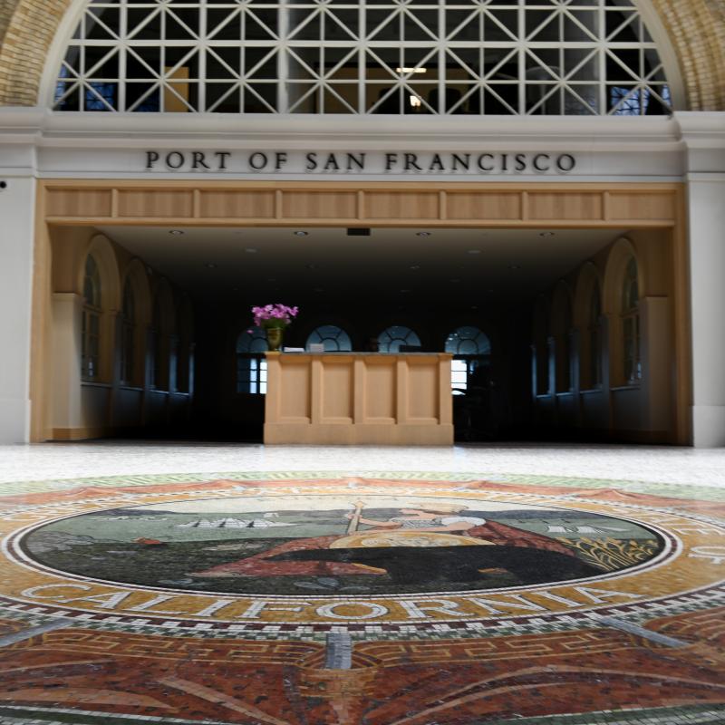 The seal of California appears on the tile floors outside the Port Conference Room at the Ferry Building.