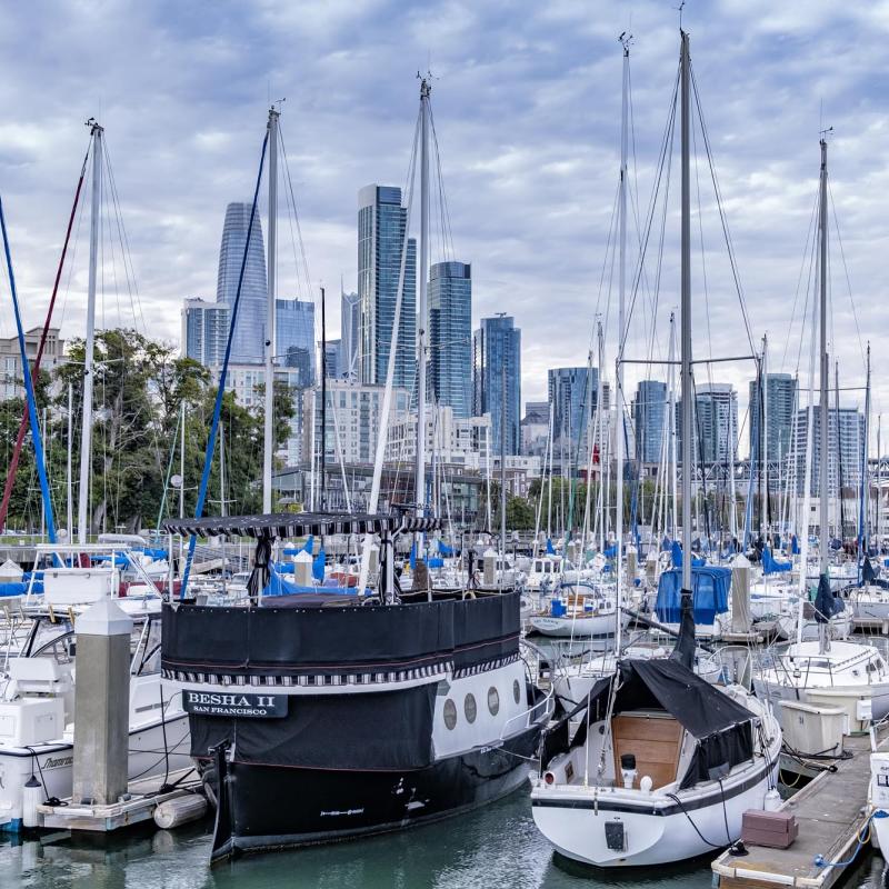 Boats berthed at South Beach Harbor at Pier 40